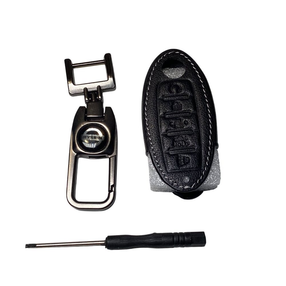 For Nissan Premium Key Fob and Key Chain Faux Black Leather New